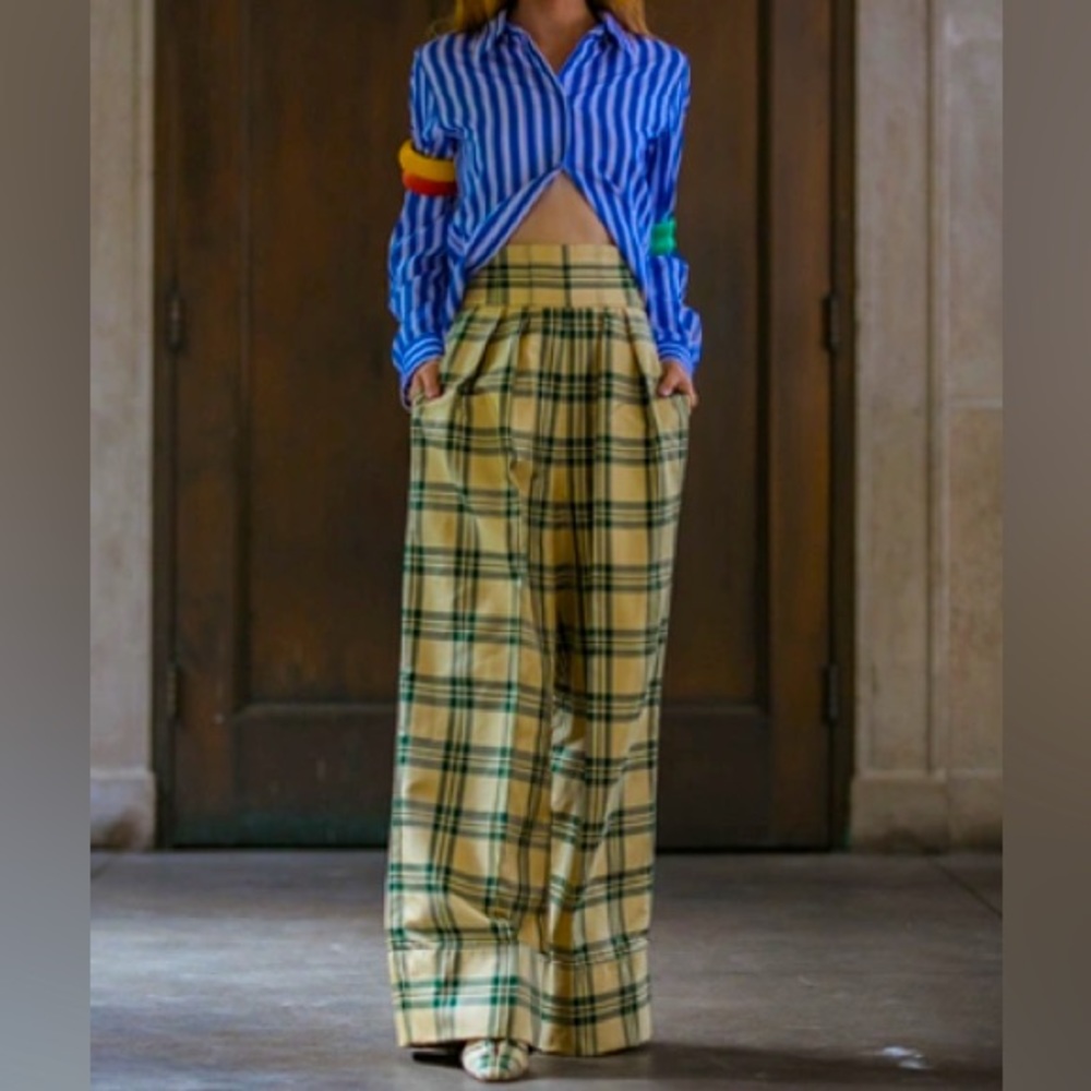 Brand New - CORSET WAIST TROUSERS IN BEIGE GREEN PLAID IN BEIGE,GREEN